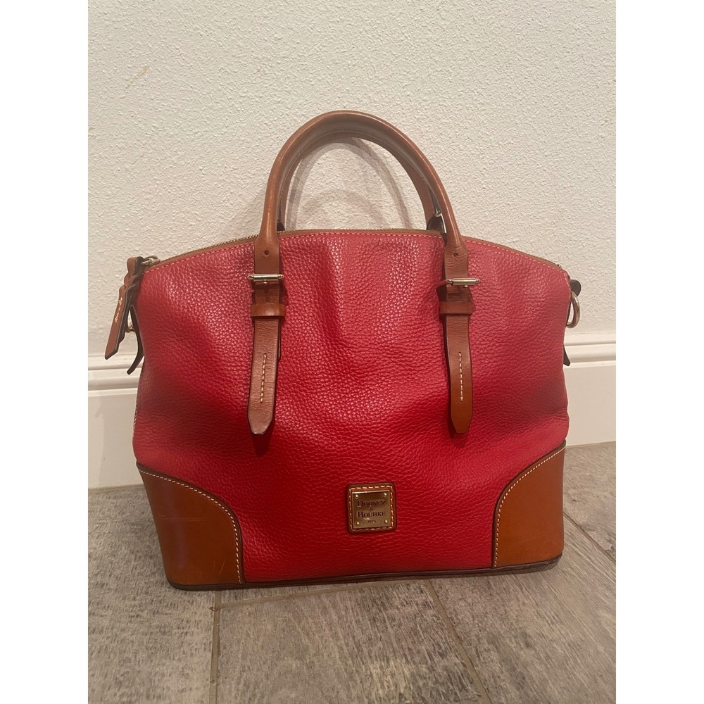 Dooney & Bourke Red Pebbled Leather Satchel Bag with Tan Trim and Gold Hardware
